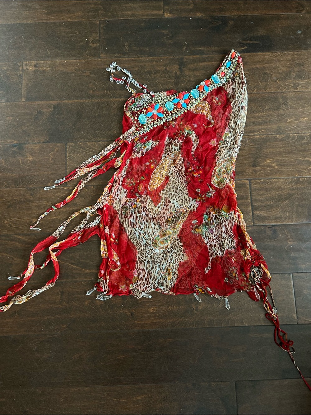 New Women’s Animal Print Beaded Top Sheer Sz XS Tassels